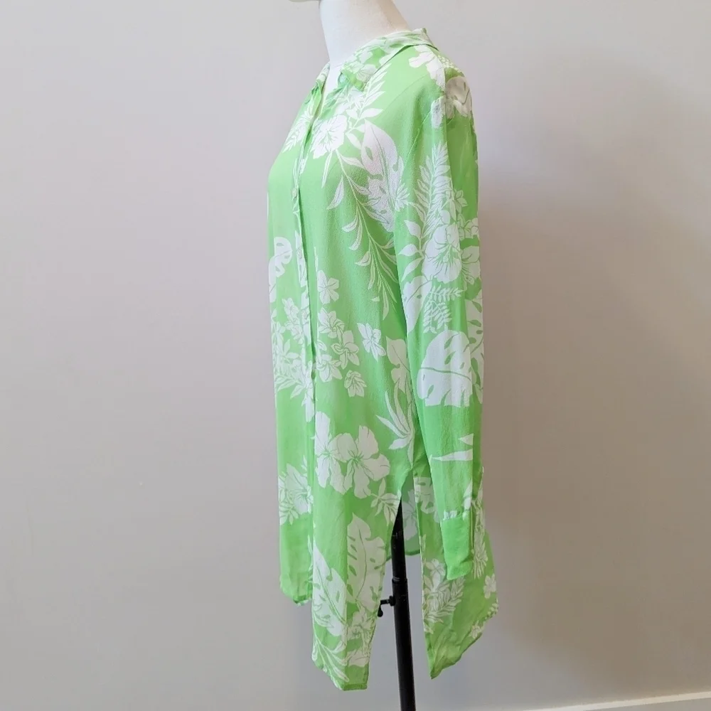 Vintage Tropical Floral Button-Up Sheer Silk Tunic Swim Cover - Picture 2 of 12